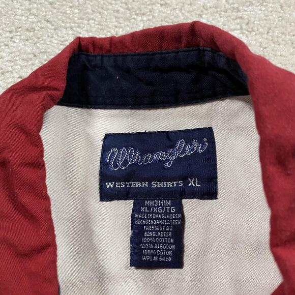 VTG Wrangler Western Shirt Mens XL Red Blue White Colorblock Pearl Snap Cotton - Picture 2 of 7